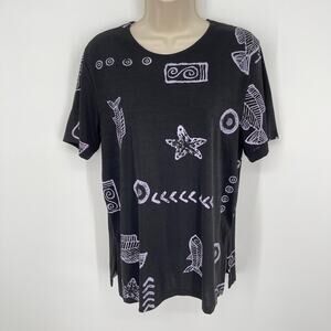 Impressions VINTAGE Black Ocean Semi-Sheer Top Womens Sz M Fish Starfish